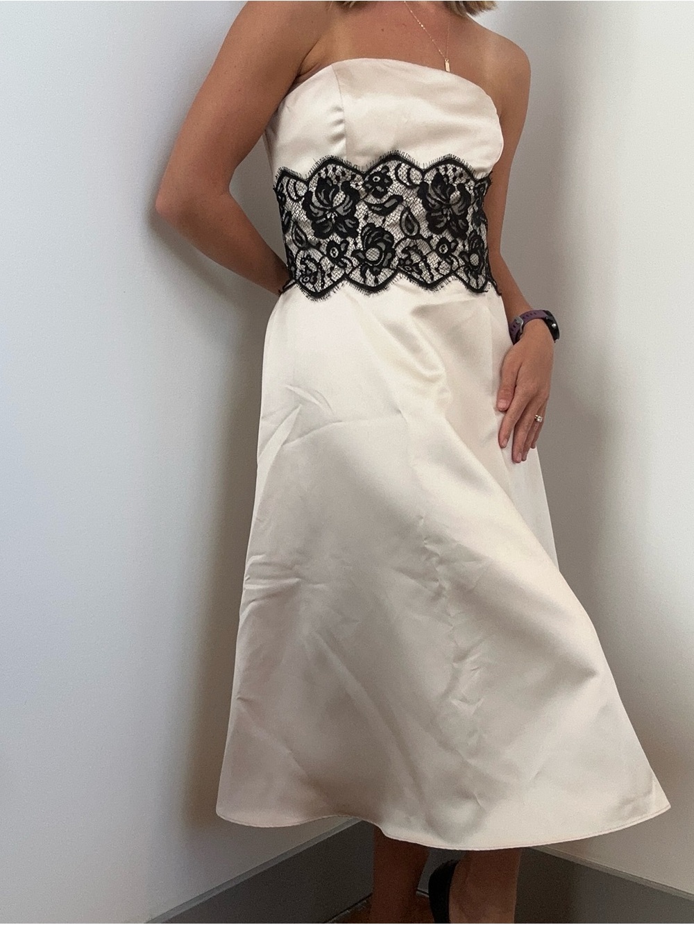 White House Black Market Cream Strapless Midi Dress with Black Lace Waist